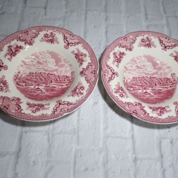Set of 2 Johnson Bros Old Britain Castles Windsor Soup Bowl 8.75" Pink England - Picture 1 of 5